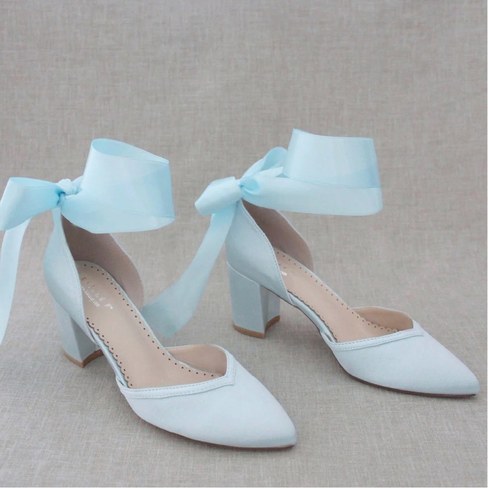 NWT Light Blue Satin Ankle Wrap Block Heels